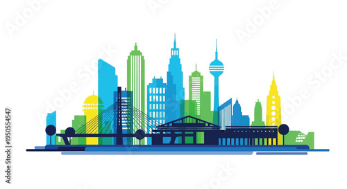 A colorful stylized illustration depicts a modern cityscape with iconic skyscrapers a bridge and a flat design aesthetic