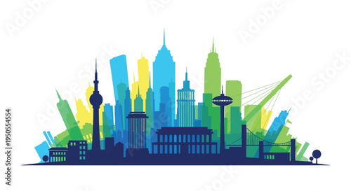 A vibrant stylized cityscape illustration features iconic skyscrapers and architectural landmarks in varying shades of blue green and yellow