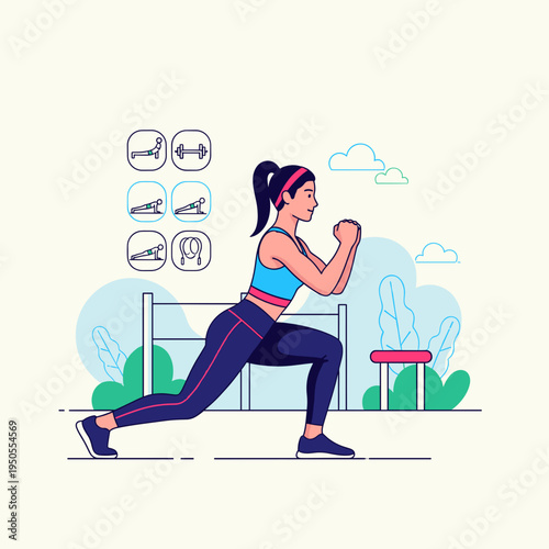 An illustration of a fit woman performing a lunge exercise outdoors, surrounded by various fitness equipment icons, promoting health and active lifestyle.