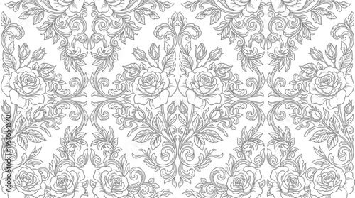 Intricate floral pattern featuring roses and ornate swirls on a light background