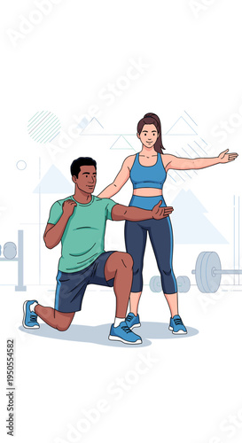 A man in athletic wear performs a lunge exercise while a woman, possibly a personal trainer, stands and guides him in a gym setting.