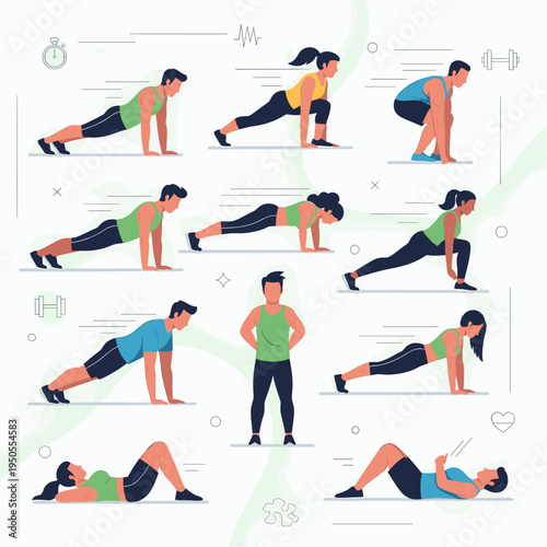 Vector illustration of men and women performing various fitness exercises like planks, lunges, squats, and crunches, with a central instructor figure, depicting a full-body workout routine.