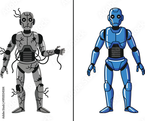 Two futuristic robots standing side by side with distinct designs and colors
