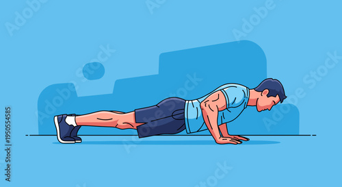 Illustration of a man performing a push-up exercise on a blue background, demonstrating physical fitness and strength training.