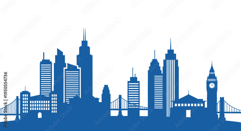 Fototapeta premium A striking blue silhouette depicts a sprawling city skyline featuring iconic landmarks and bridges high quality professional detailed modern