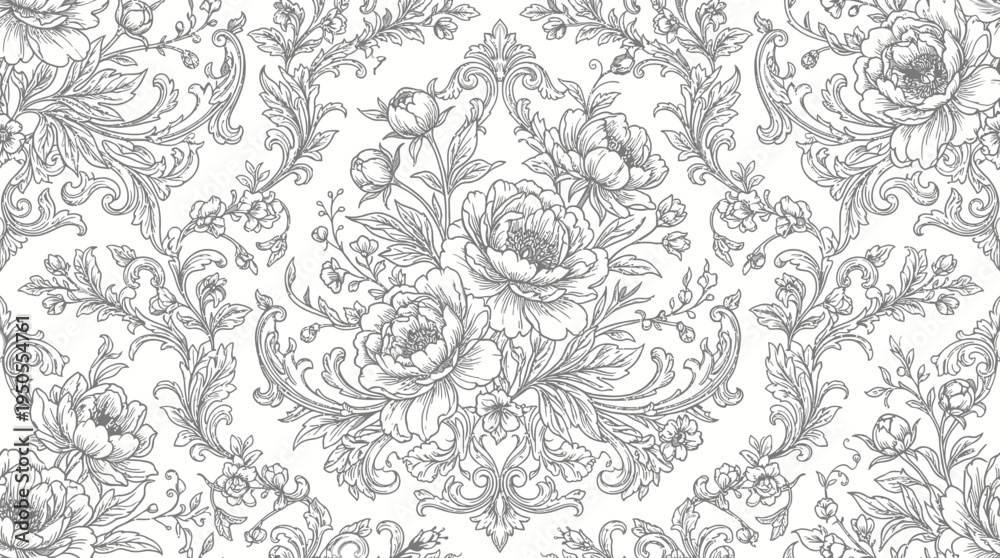 Obraz premium Elegant floral pattern featuring peonies and intricate detailing on a white background