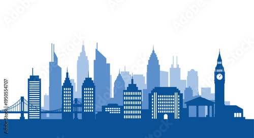 A striking blue silhouette depicts a dense urban skyline featuring iconic landmarks and architectural diversity high quality professional detailed