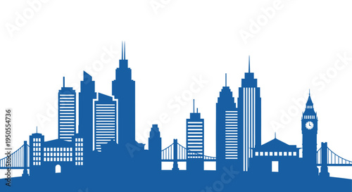 A striking blue silhouette depicts a sprawling city skyline featuring iconic landmarks and bridges high quality professional detailed modern