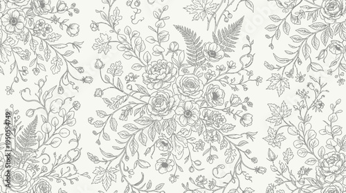 Elegant floral pattern featuring intricate line art of various flowers and foliage on a soft background