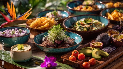 Gourmet meal arrangement with meat salad and exotic ingredients on rustic table