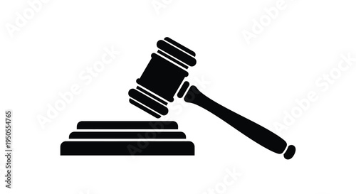 A stark black silhouette depicts a judge s gavel resting upon a sound block symbolizing law and order high quality