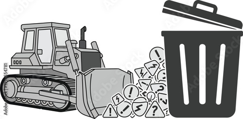 Bulldozer pushing trash into a large garbage can with recycling symbols