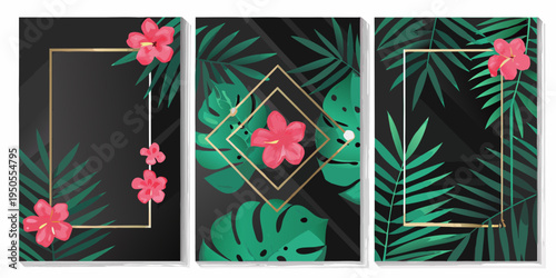 Tropical floral triptych with geometric golden frames and lush foliage