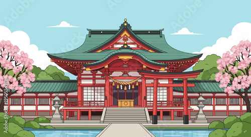 Traditional Japanese Shrine with Cherry Blossoms and Torii Gate