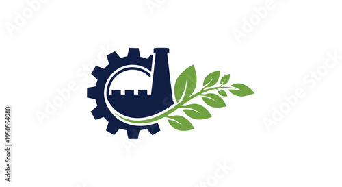A modern logo design features a dark blue industrial gear combined with vibrant green foliage symbolizing eco friendly technology