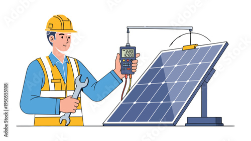 Solar Panel Inspection: A skilled technician diligently inspects a solar panel, meticulously checking its performance with professional equipment, a symbol of sustainable energy