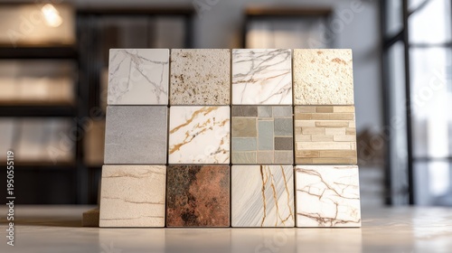 Selection of stone and marble tile samples for interior design