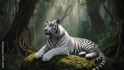 Majestic white tiger resting on a mossy rock in a lush forest environment