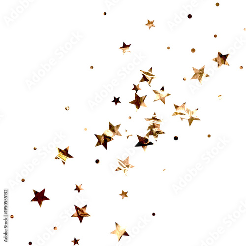 Scattered rose gold star confetti and circles isolated on transparent background for festive decoration