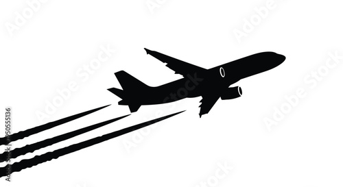 A stark silhouette of a commercial airplane in flight leaving a trail of contrails against a white backdrop