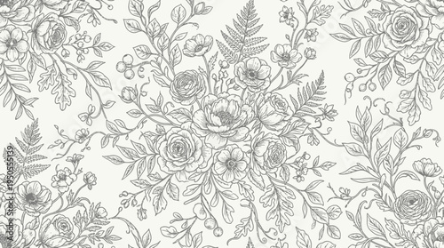 Elegant floral pattern featuring intricate line drawings of various flowers and foliage