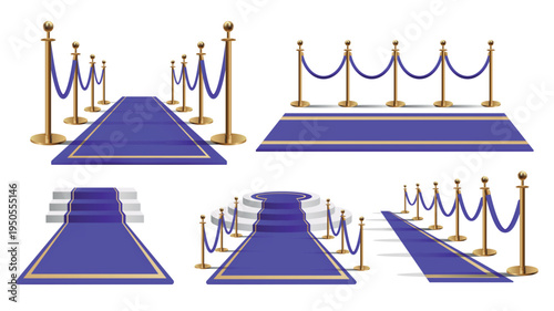Awards gala carpet cinematic opener elements set design. Collection with purple entrances with golden barrier ropes and stages, vip celebrity pathway with barriers to hall event. Vector illustration.