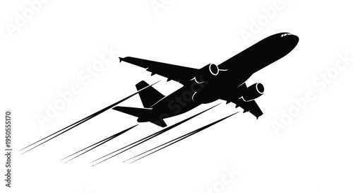 A stark black silhouette of a passenger airplane in flight leaving trails suggesting speed and motion high quality professional