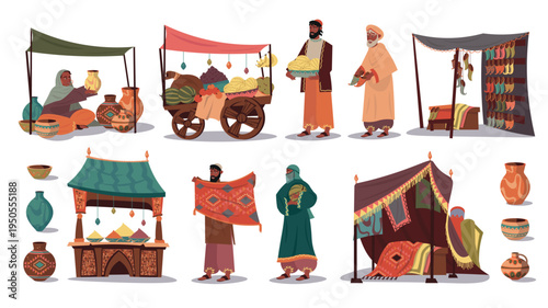Eastern market stalls elements set design. Collection with traditional street local bazaar with shops and sellers trading pottery, fruits and foods, shoes, spices, textiles. Vector illustration.