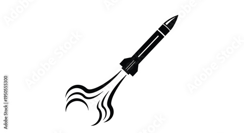 A sleek black rocket ship is depicted in mid flight leaving a trail of dynamic curved exhaust flames behind it