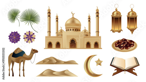 Ramadan Kareem elements set design. Collection with muslim mosque, gold lanterns, koran book, crescent moon and star, camel in dessert, dates palm leaves, arabesque ornaments. Vector illustration.
