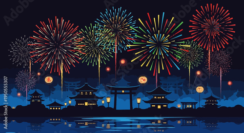 Vibrant Fireworks Over Traditional Japanese Temples and Torii Gate at Night