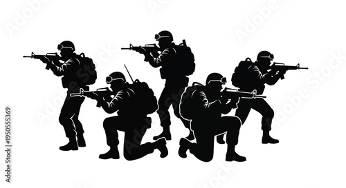 A stark silhouette depicts a squad of armed soldiers in tactical gear advancing forward with determination high quality professional