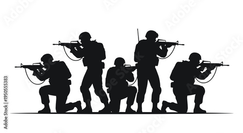 A stark silhouette depicts a squad of soldiers armed with rifles in a tactical formation suggesting conflict or training