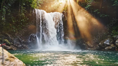 Majestic waterfall scene with vibrant butterflies and sunlit forest ambiance