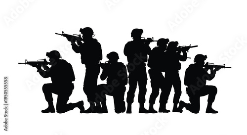 A stark black silhouette depicts a group of armed soldiers in various combat stances suggesting military readiness high quality