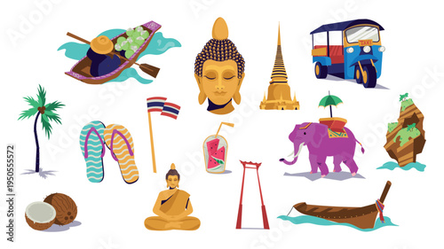 Thailand culture elements set design. Collection with human on boat with fruits, Buddha head and meditation pose statue, traditional buildings, tuk tuk taxi, elephant, flag, more. Vector illustration.