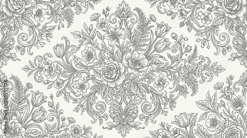 Gray and white floral damask pattern.