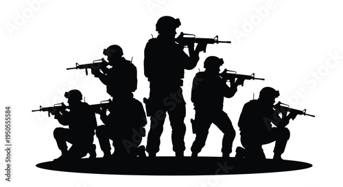 A stark silhouette depicts a group of soldiers in tactical gear armed with rifles suggesting a military operation