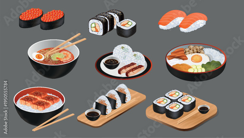 Traditional Korean food elements set design. Collection with different rice sushi, ramen soups with many ingredients in bowls, kimchi, chopsticks, seafood and noodle asian dishes. Vector illustration.