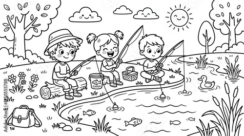 Children fishing together outdoors happily.