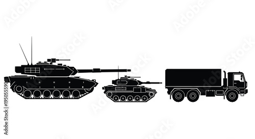 A stylized black silhouette depicts a military convoy consisting of tanks and a large transport truck high quality professional