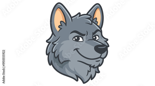 Cartoon wolf head with mischievous expression, showcasing grey fur and pointed ears