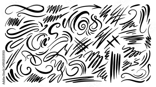 Abstract black ink patterns showcasing dynamic lines and shapes on a white background