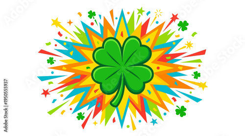Vibrant explosion of colors featuring a green four-leaf clover symbolizing luck and celebration