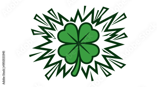 Green four-leaf clover symbol surrounded by dynamic jagged lines, representing luck and energy