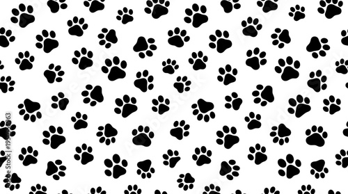 Repeating pattern of black paw prints on a white background, suitable for fabric or wallpaper design