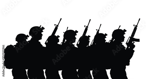 A stark silhouette depicts a line of soldiers heavily armed and equipped against a bright white background high quality
