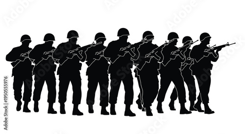 A line of silhouetted soldiers stands at attention each holding a rifle depicting a military formation high quality professional