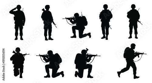 Silhouettes of soldiers in various combat poses depict military personnel engaged in tactical operations and training high quality professional