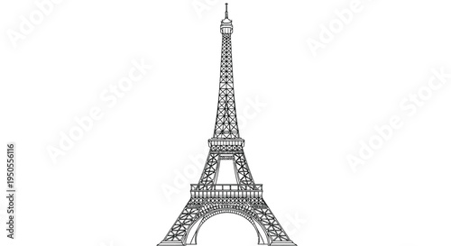 A detailed line drawing depicts the iconic eiffel tower showcasing its intricate metal lattice structure against a white background